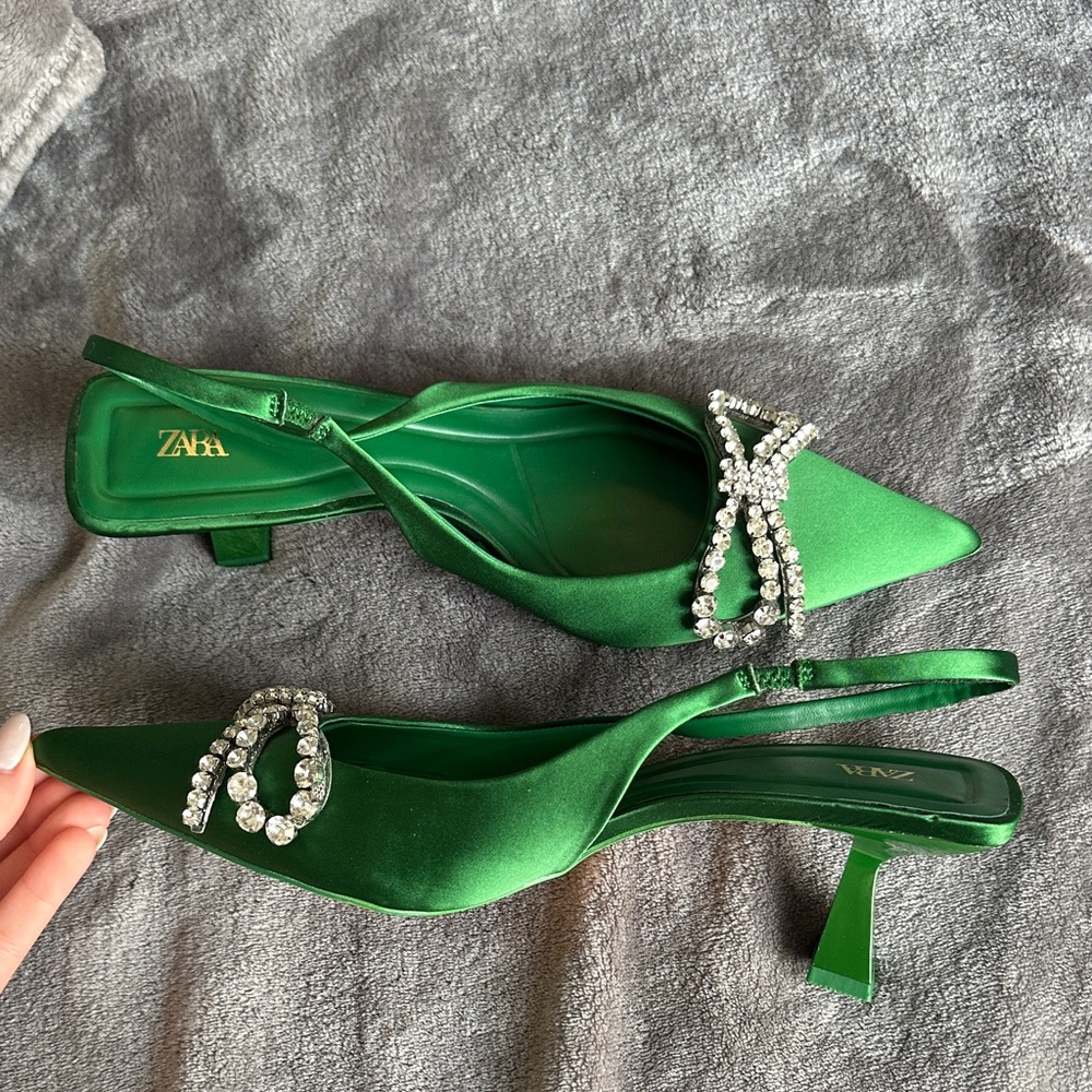 Zara Emerald Satin Slingback Heels with Rhinestone Detail